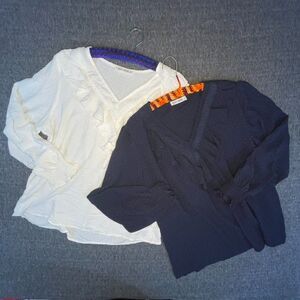 (2) Grace Karin Blouses Womens Size XXL / 2XL Navy & White Ruffled Neck Tops